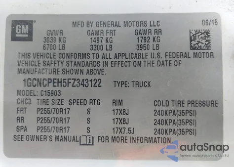 2015 Chevrolet Silverado 1500 Wt из США, поврежденный, VIN 1GCNCPEH5FZ343122